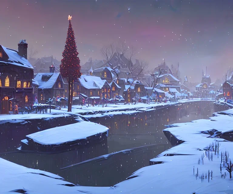 A snowy warlock town with river canals and a magical Christmas tree