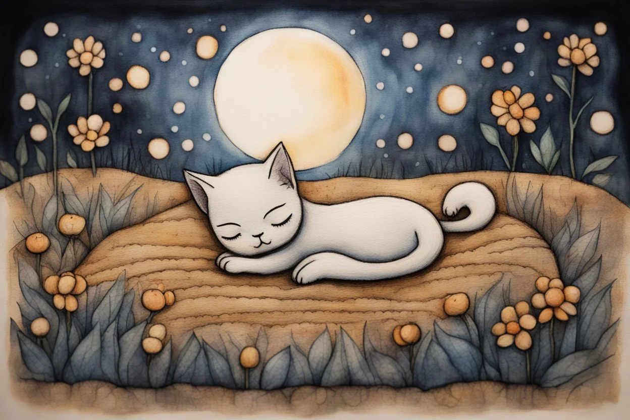 painted and burned burlap, moonlight, cute chibi sleeping kitten on a flower bed, styles of Paul Klee Dee Nickerson and Tim Burton, melting watercolor and black ink outlines on wet paper, soft, shading strokes, in candlelight, ethereal, otherwordly, cinematic postprocessing, bokeh, dof