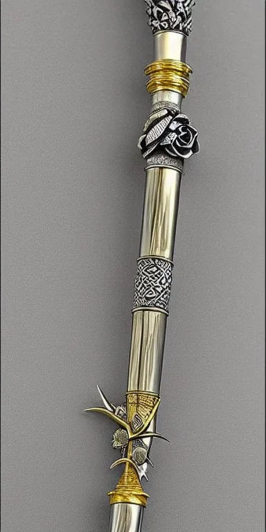 A long silver and Gold spear weapon with a rose at the handle and thorns up the poll, realistic, fantasy,