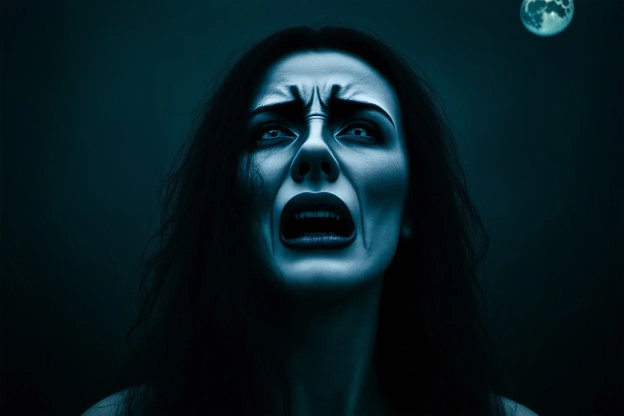 medium close human woman with nature face cry and howling, no makeup, pale face, pain, thriller, alone, dark colors, sharp focus, surreal , the attraction of the moon, faded colors, dark mood, surreal, dramatic atmosphere. intricate, stunning textures, mystic and dark mood