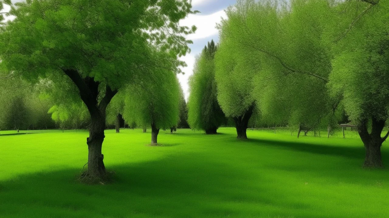 trees in the middle of the garden close to camera, apple tree on the left plum tree on the right cherry tree in the middle in the on the green grass