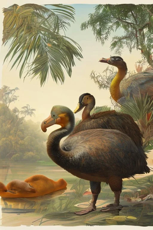 John James Audubon-like illustration of a fully uncropped Dodo bird and a Platypus in a landscape of warm yellows, warm reds, and warm blues