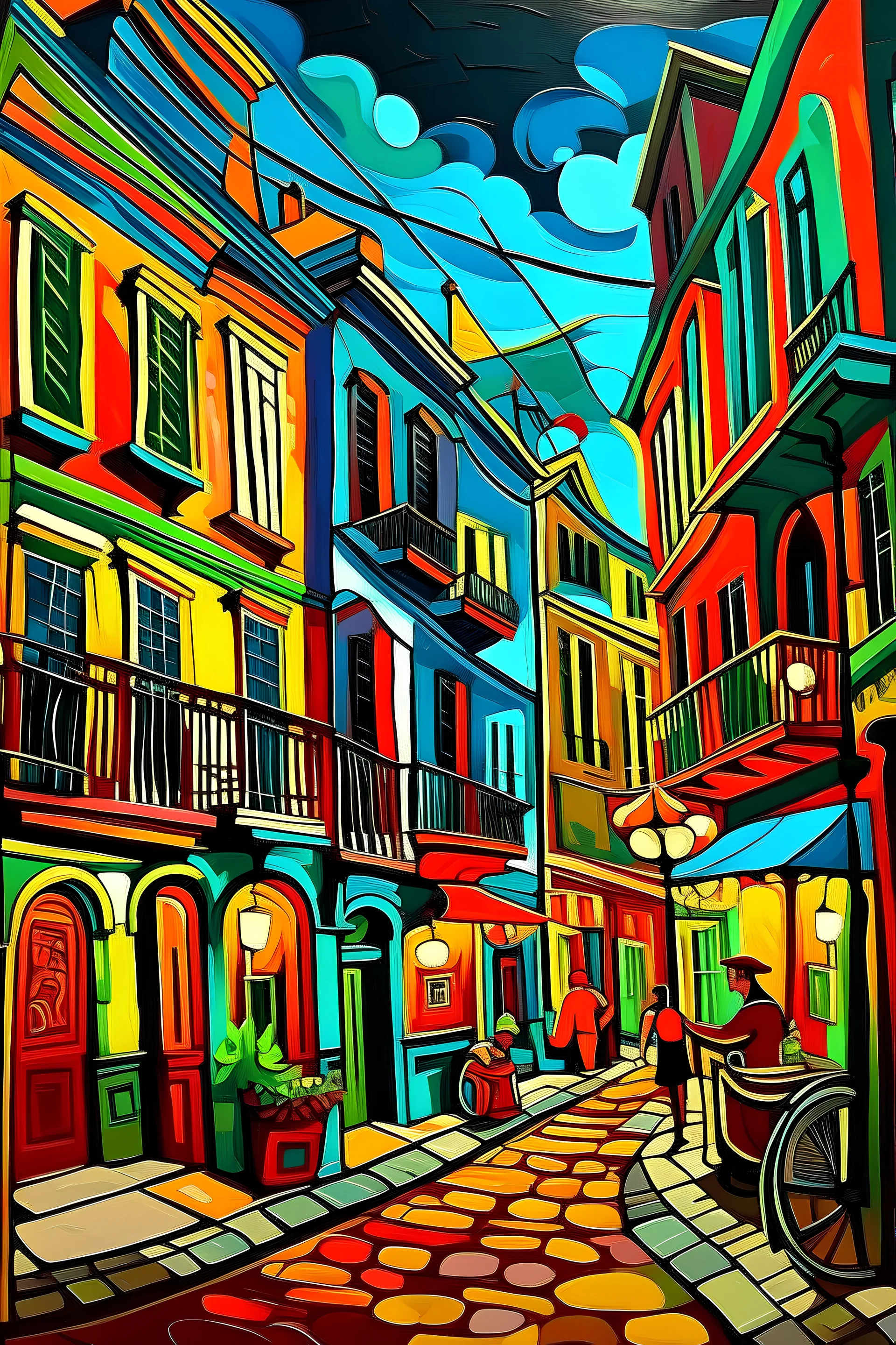 Bourbon Street, New Orleans in the style of Picasso