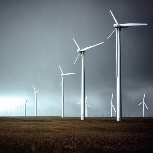 Thousands vertical wind turbines. Heavy cold rain. Strong wind. An engineer looking up. Futuristic scenary. Metallic mist.