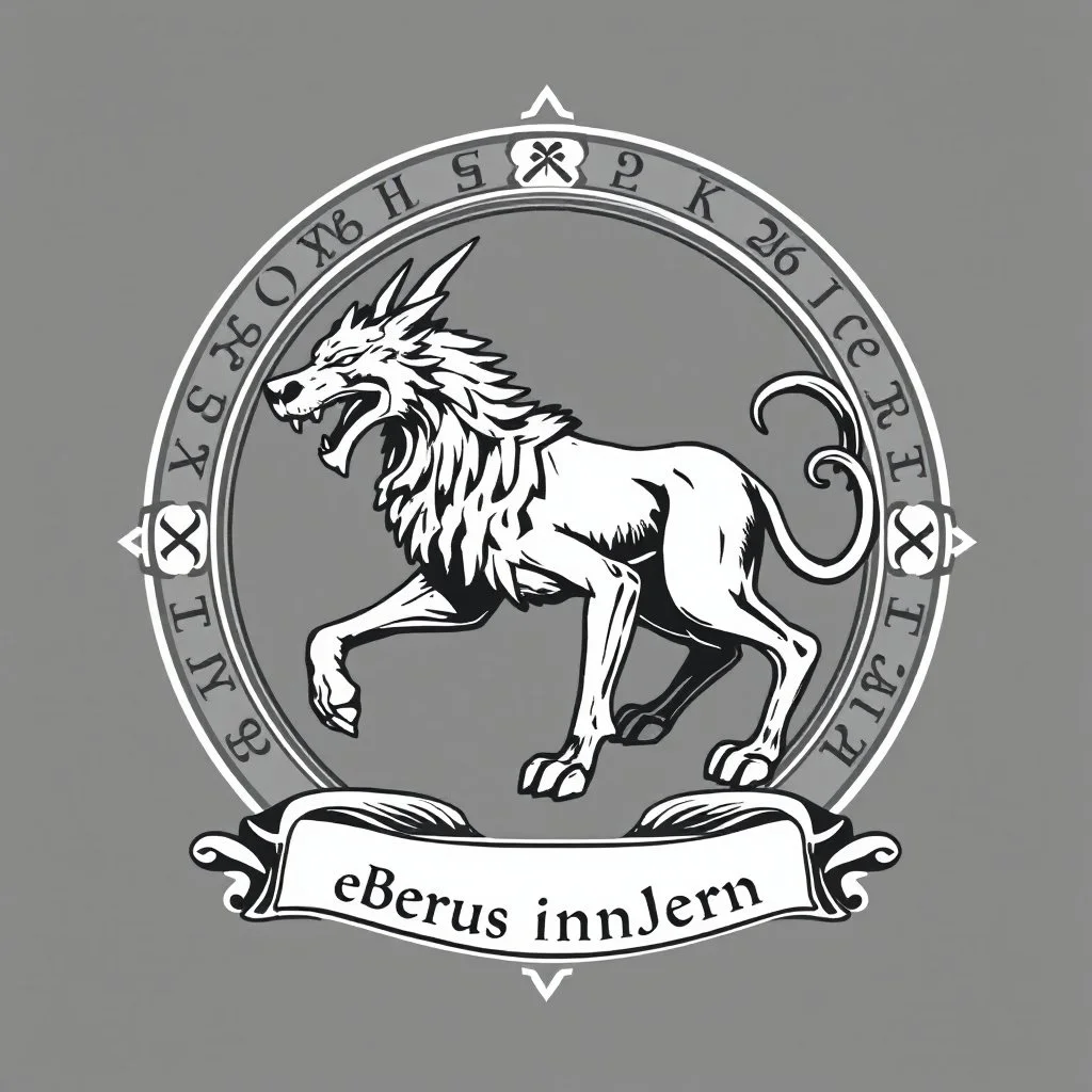 perro cerbero estilizado antiguo con un marco elegante con runas y el nombre "cerberus custos infernis" en la base, todo en escala de grises, nada de color,