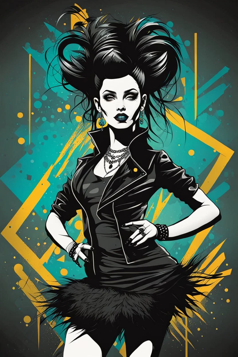 Create a wild, imaginative, whimsical dancing goth punk girl in the vector graphic style of Nirak1,and Cristiano Siqueira, utilizing simple shapes and vibrant colors