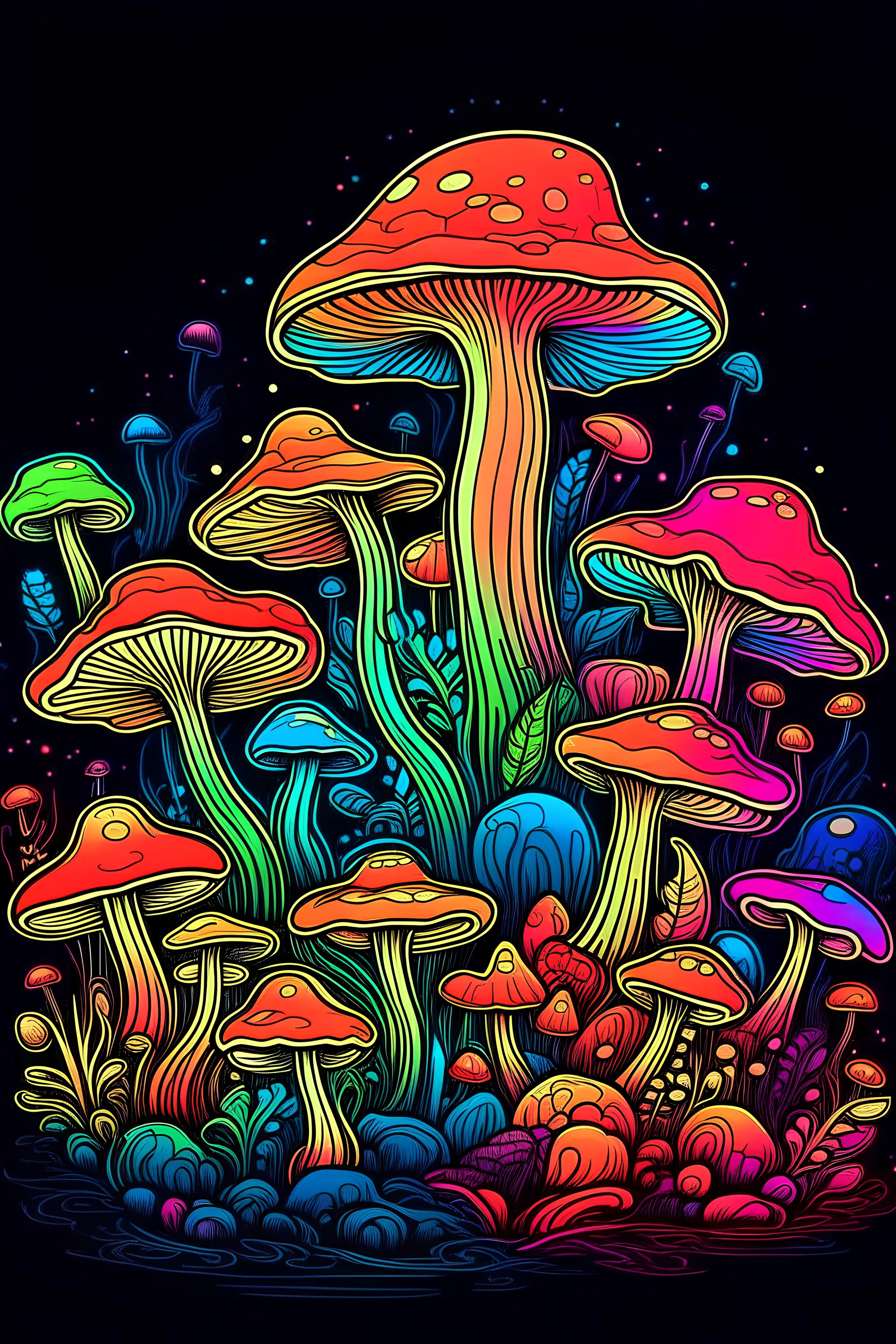 outline art for midnight, mushrooms, colorful, sketch style, clean art