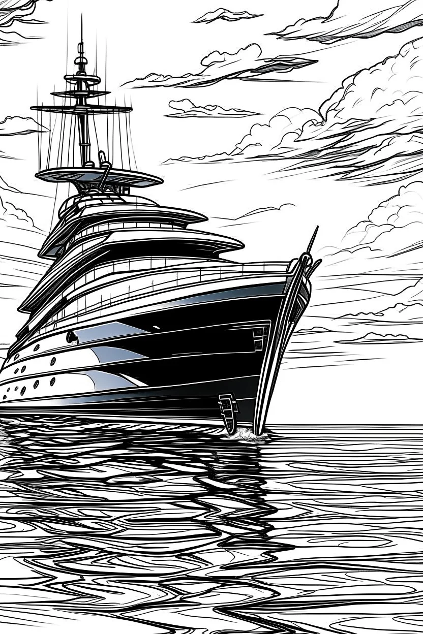 Outline art, no shading, yatch, black and white, low detail, --ar 9:11