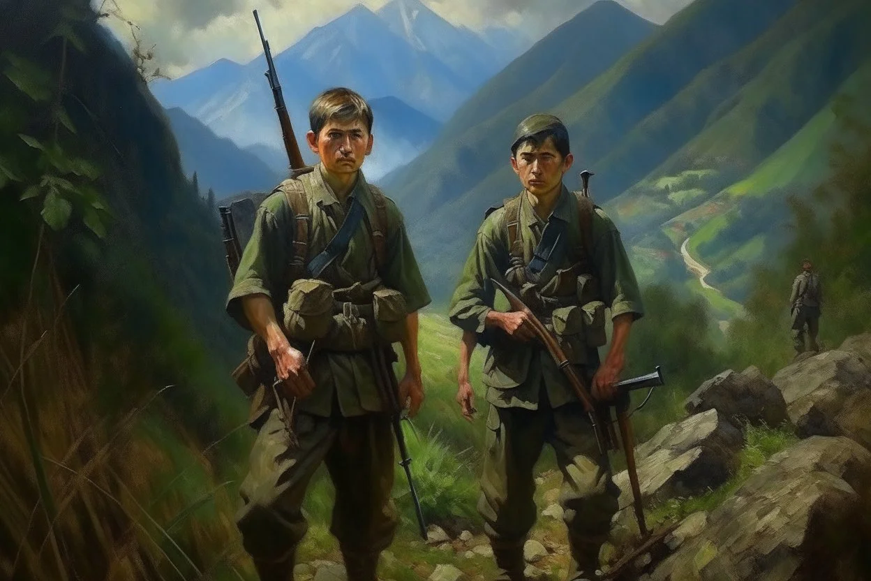 Japanese 1920 oil painting FEDRA from TLOU and the CRM from TWD but as Vietnam men soldiers in the mountains far away from the scenery