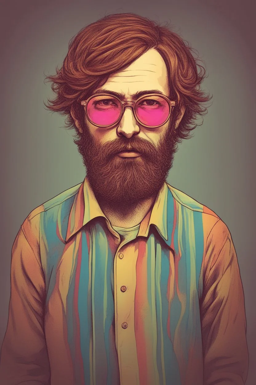 post punk hippie with glasses of colours and poor and short short short and poor hair on the head with receding hairline. Farsightedness glasses with big eyes. Shirt beard in the head. Vintage look and feel like photo style-of the 70s