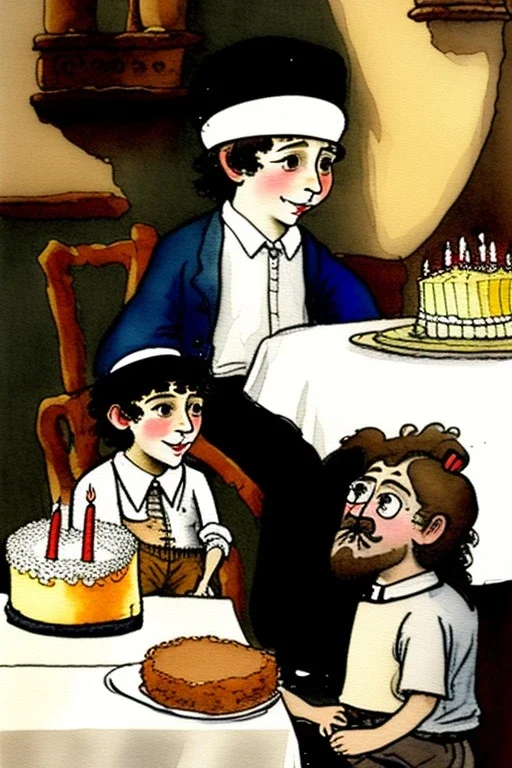 A cute smiling jewish boy dressed black trousers white shirt, wearing a kippah. Boy and lion are sitting at a table with a birthday cake. Watercolour