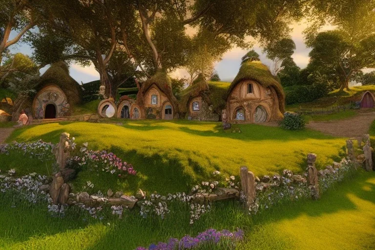 The town of Hobbiton in the Summer, the shire, beautiful scenic landscape, lord of the rings, wide angle, super highly detailed, oil painting, artstation, concept art, smooth, sharp focus, no blur, no dof, extreme illustration, unreal engine 5, photorealism, hd quality, 8 k resolution, cinema 4 d, 3 d, beautiful, cinematic, art by artgerm and greg rutkowski and alphonse mucha and loish and wlop