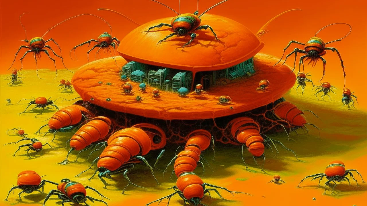 An orange colored secret spy base with cybernetic flies painted by Jeffrey Kolker
