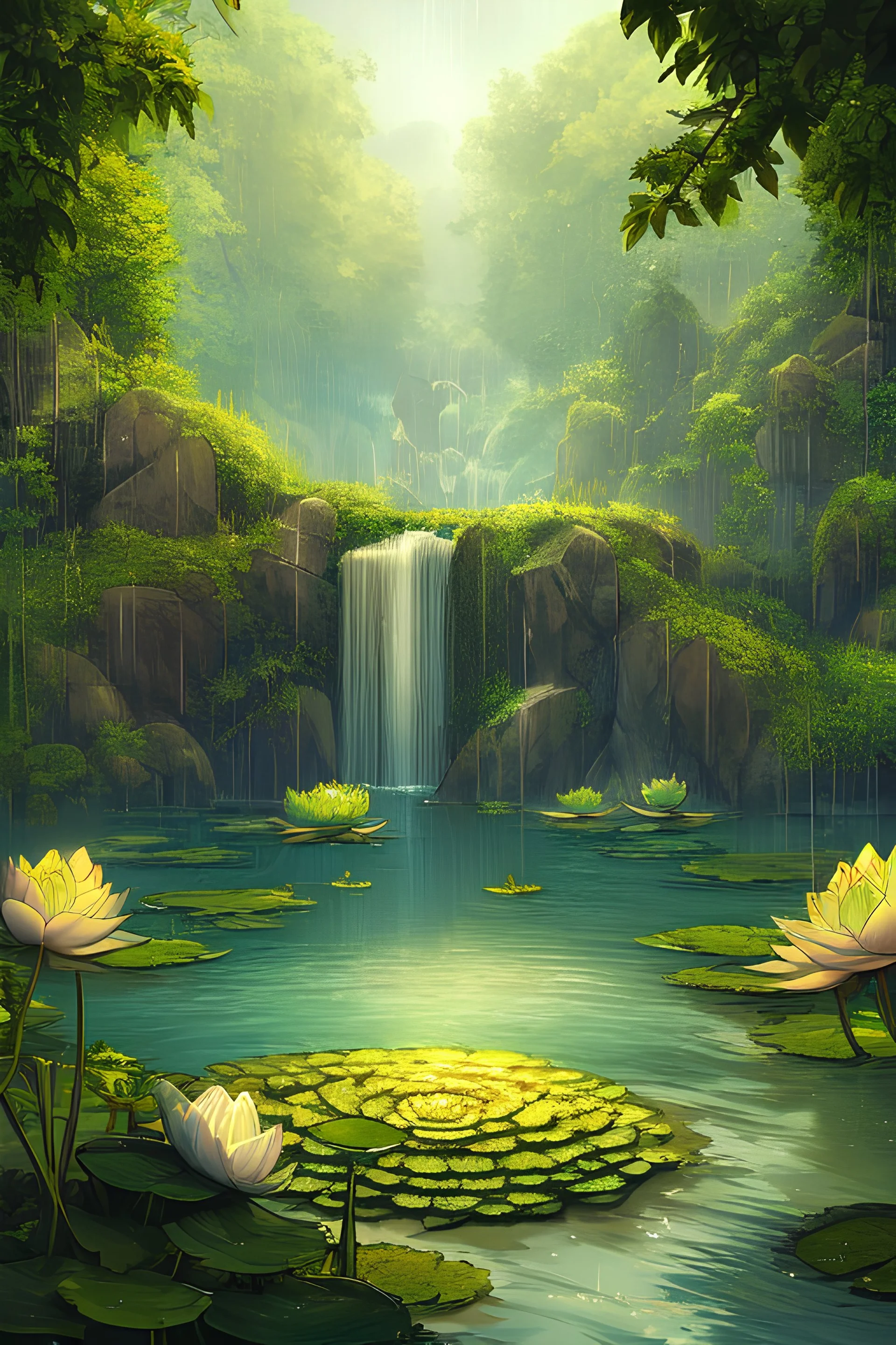 Rain, rocks, gardens, ponds, fern color lotus leaves, fern color lotus flowers, HD Cinematic color