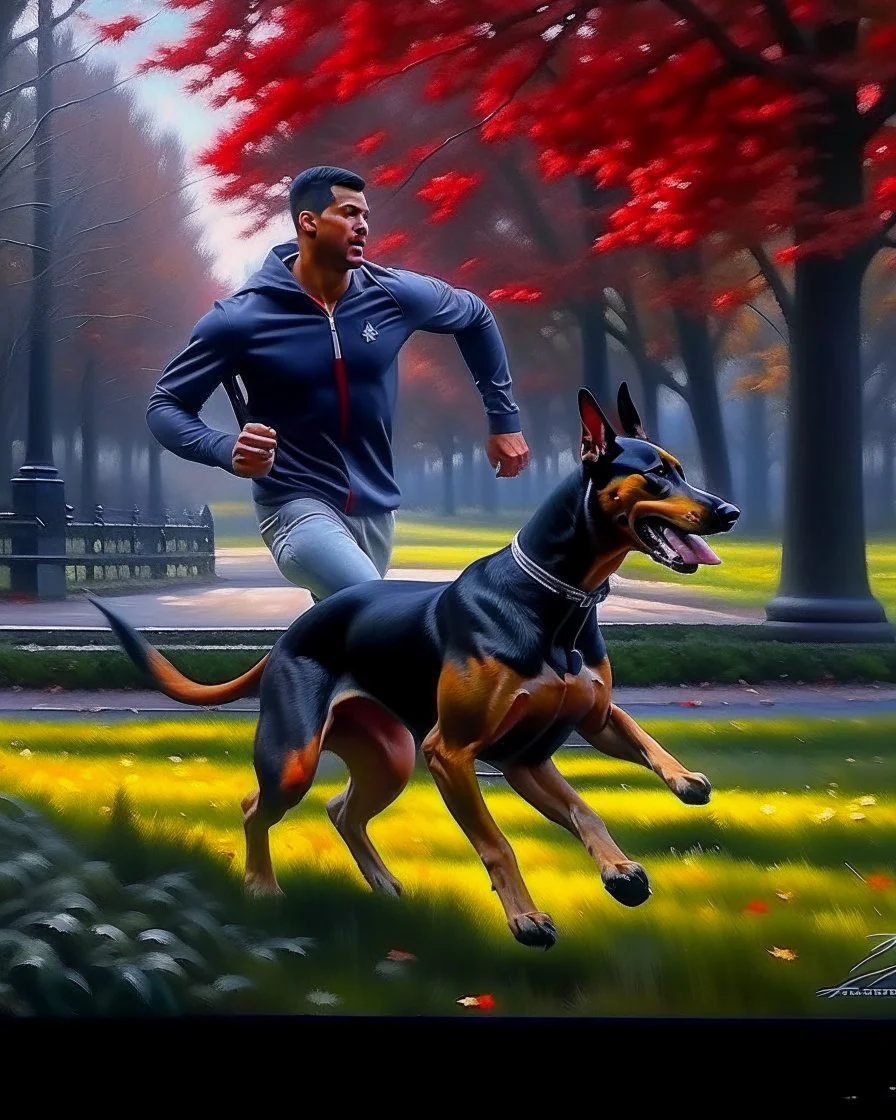 Oil painting man with dog Doberman running in the park incredibly detailed 8k conceptual art