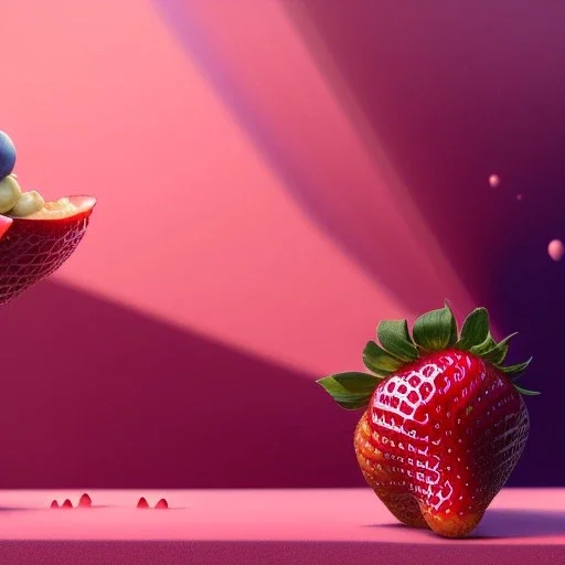 pixar style, volumetric pink sky environment and background, volumetric lighting, dramatic lighting, realistic painting of an strawberry and a beautiful woman eating marmelade, looking happy, detailed digital painting, extreme dense and fine, anime, ornate, colour-washed colors, elegant, small minutiae, tiny features, particulars, centered, smooth, sharp focus, renderman gofur render, 8k, uhd, detailed eyes, realistic shaded volumetric lighting, caustics, backlight