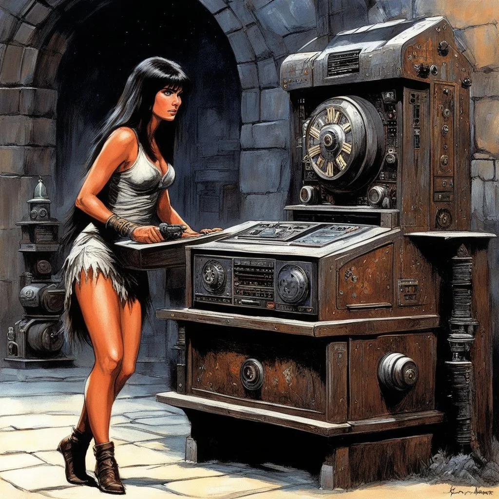 [art by Ray Harryhausen] a youthful Caroline Munro cautiously approaches the weathered and worn console, the most clever ordinateur in the universe. The once gleaming machine now bears the marks of time, covered in a layer of rust and dust that speaks of ages past. Despite its aged appearance, the user is granted access to a realm of knowledge and possibilities beyond her wildest dreams. The power and intelligence contained within this ancient ordinateur are shrouded in mystery, its mechanisms