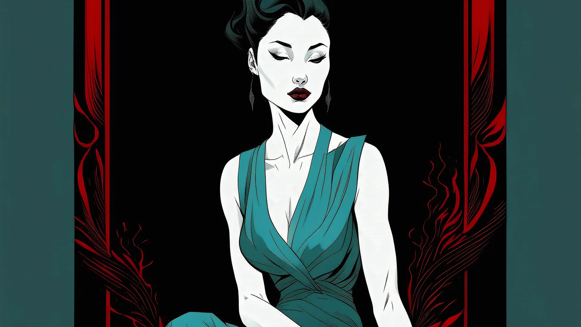 art illustration in the style of Dave Sim, elegant and simple, calm and refined, blood red, pale blue, coal black