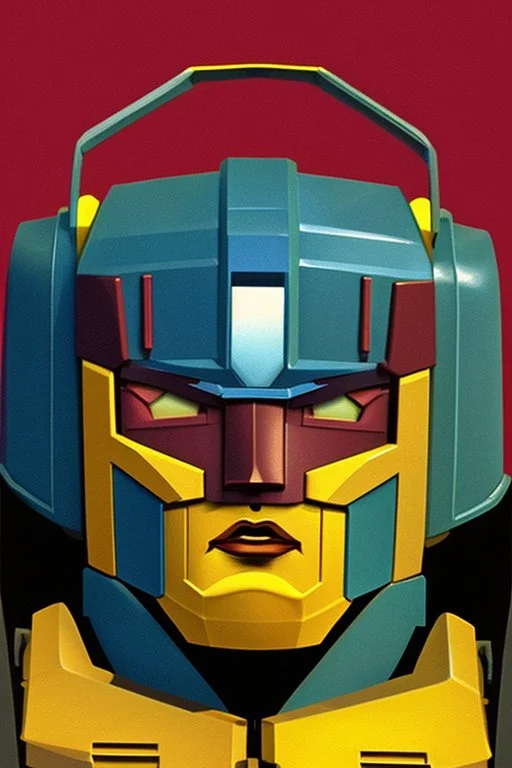 Fotoretrato de un transformer de 1980, debe ser algo decadente. Vibrante en colores, solo su cara es un retrato. Divoced, divorciado, depresivo, Rounded autobot, optimus prime. Animé. Wasted drunk. Yellow, fun. Cosmos.