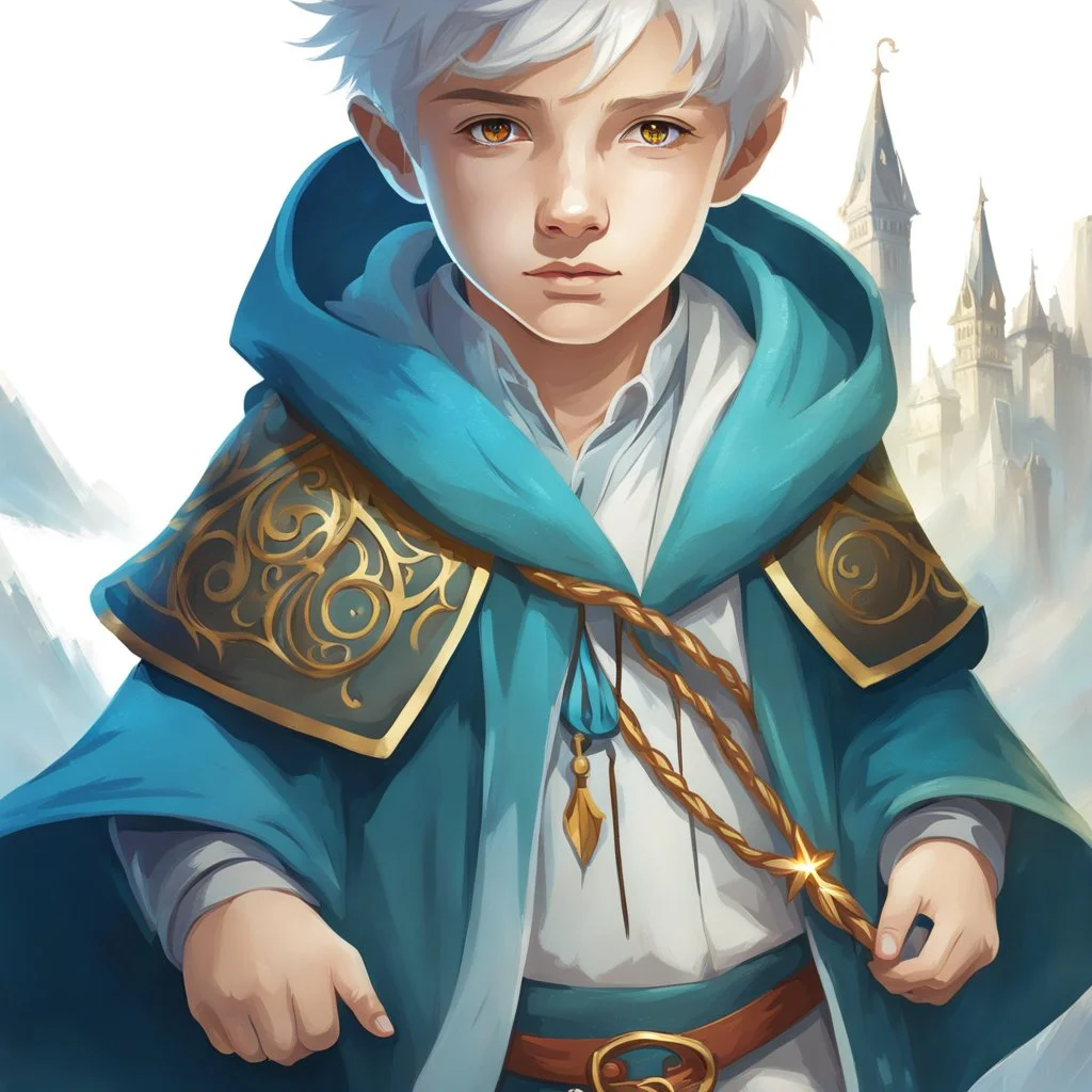 Fantasy World, A boy only wearing a wizards robe, and wearing a wizards hat. White Hair. Golden Eyes