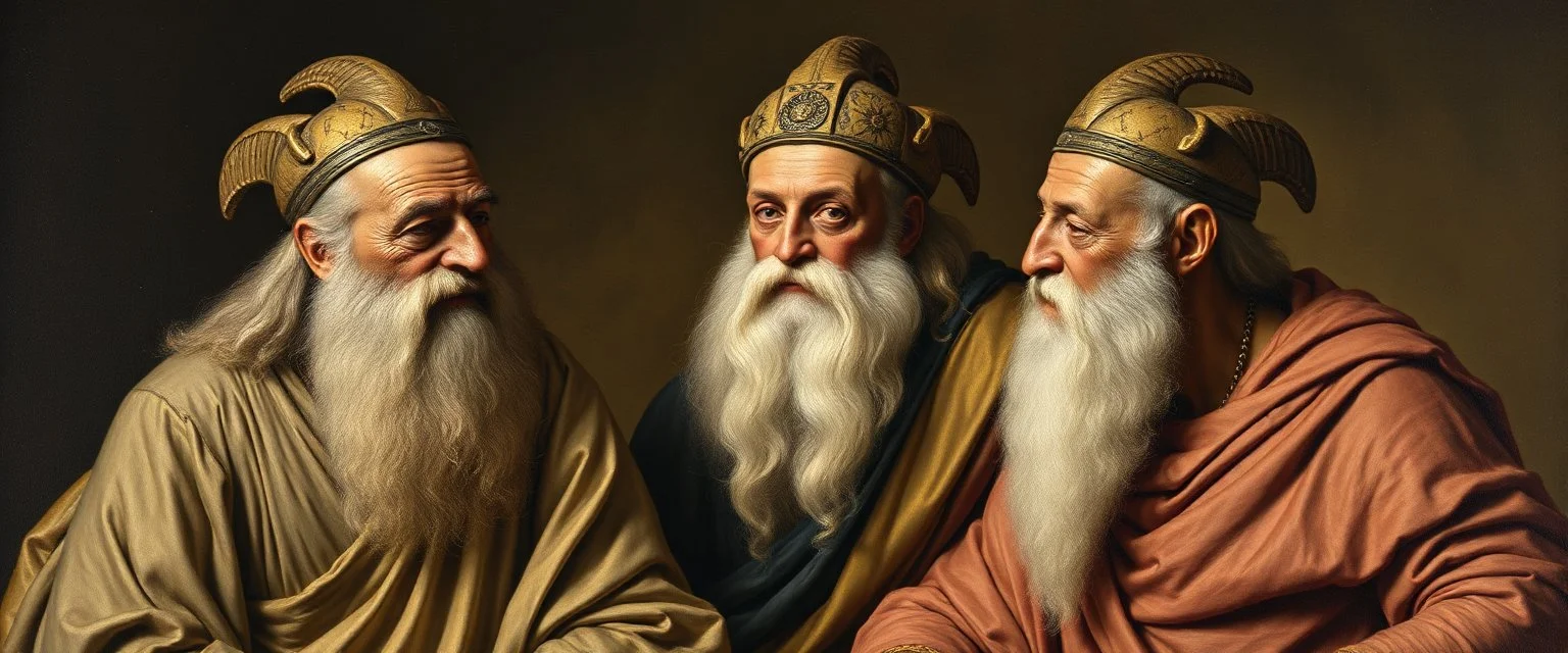master oil painting by Rembrandt realistic rendering Portrait of the Apkallu sages who were sent by the god Ea to teach civilization to humanity before the flood. They were depicted as half-human and half-fish or bird, and were associated with wisdom, magic, and culture.