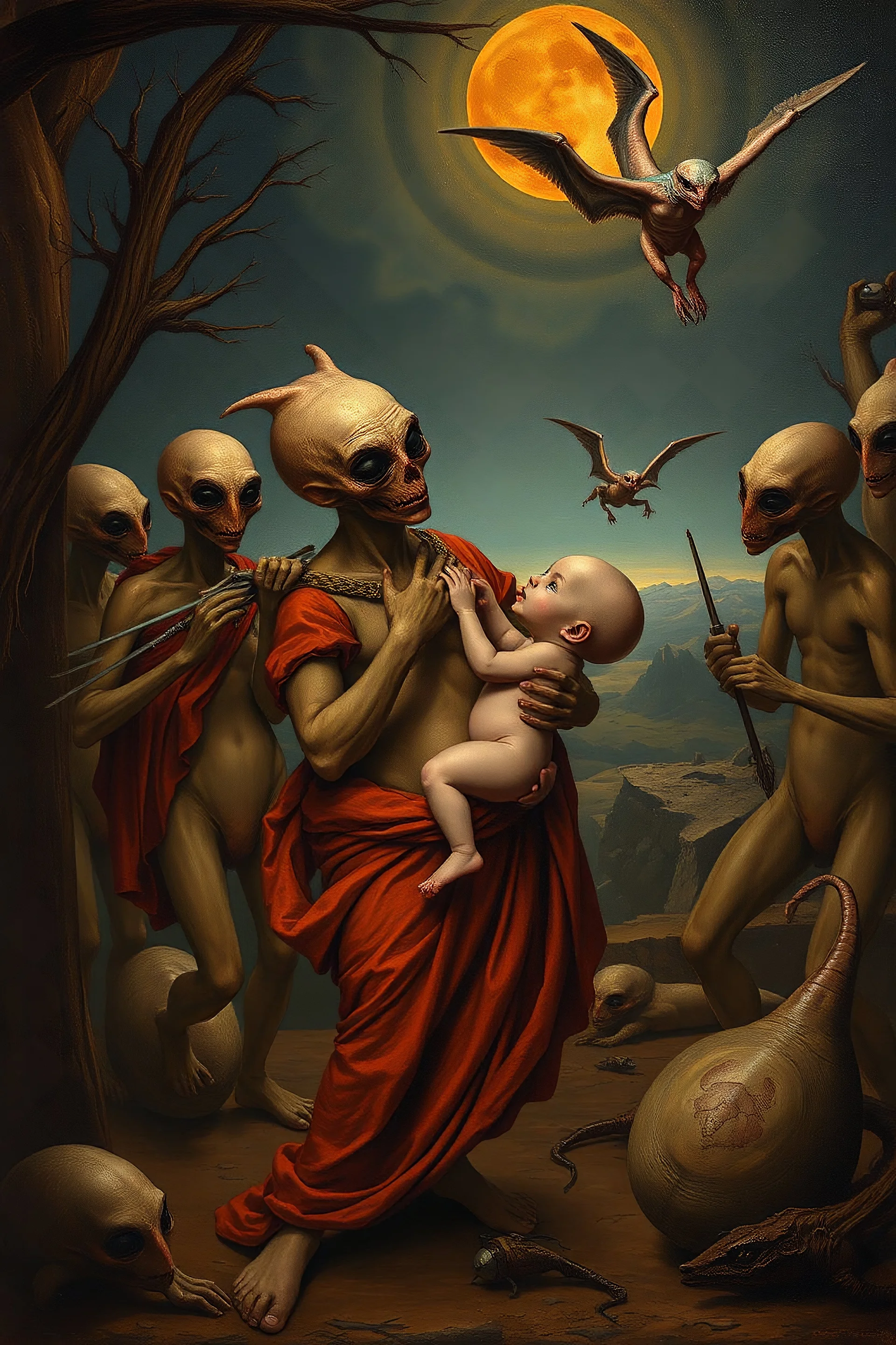 Hieronymus Bosch Style high quality picture in it aliens carrying a baby protecting him