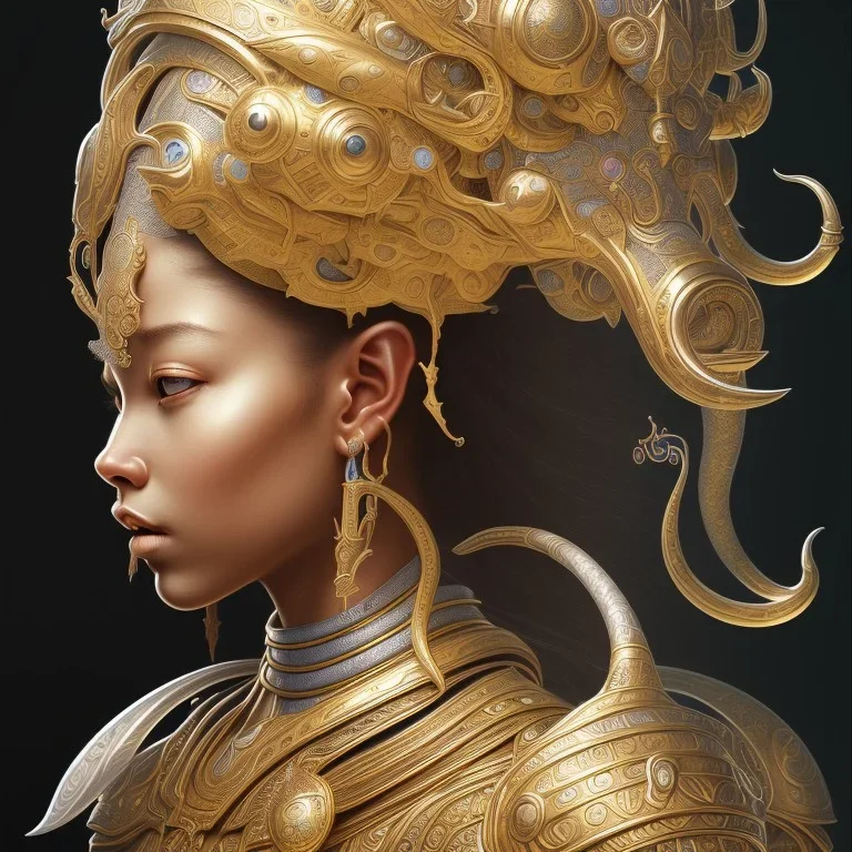 Sango fantasy, fantasy magic, intricate, sharp focus, illustration, highly detailed, digital painting, concept art, matte, art germ and Paul Lewin and Kehinde Wiley, masterpiece silver elephant head bronze Buddha Asian African girl nice breast Hawaiian hair turquoise golden waves