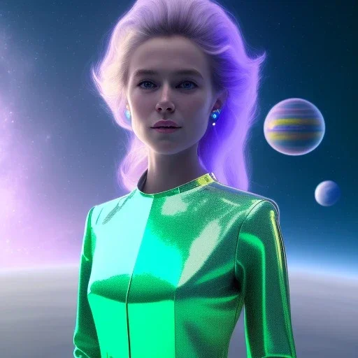 A portrait of a transparent crystalline girl,smiling, longs blond hairs, green eyes, galactic dress, atmospheric, realistic, cinematic lighting, octane render, purple and blue sky, nebula, stars, planets in background, spaceship in background