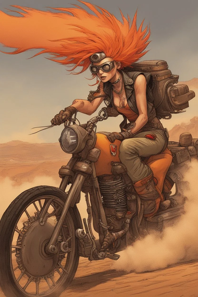 Right, let's think up Tank Girl's latest shenanigans. I picture her zooming across the wastelands on her trusty dragster, her ripped leather jacket and orange Mohawk looking quite spooky in the dust storm winds. The desert stretches out ahead, not another drongo in sight for miles. But somewhere in the sprawl, a spooky sound rises above the howlin' drones. She revs the engine and speeds towards the commotion, trusty boiled lolly in hand just in case of bikie trouble. As her wheels screech around