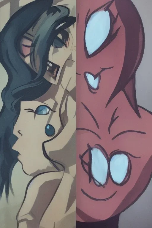 Double Shot Of My Baby's Love Alex Hirsch Rudy Nappi Reisha Perlmutter skin-tight Australian tonalism futurism modern European ink painting pre-raphaelitism renaissance painting Anime Character, detailed, vibrant, anime face, sharp focus, Character Design, style of Mad Magazine Spiderman Pink Floyd