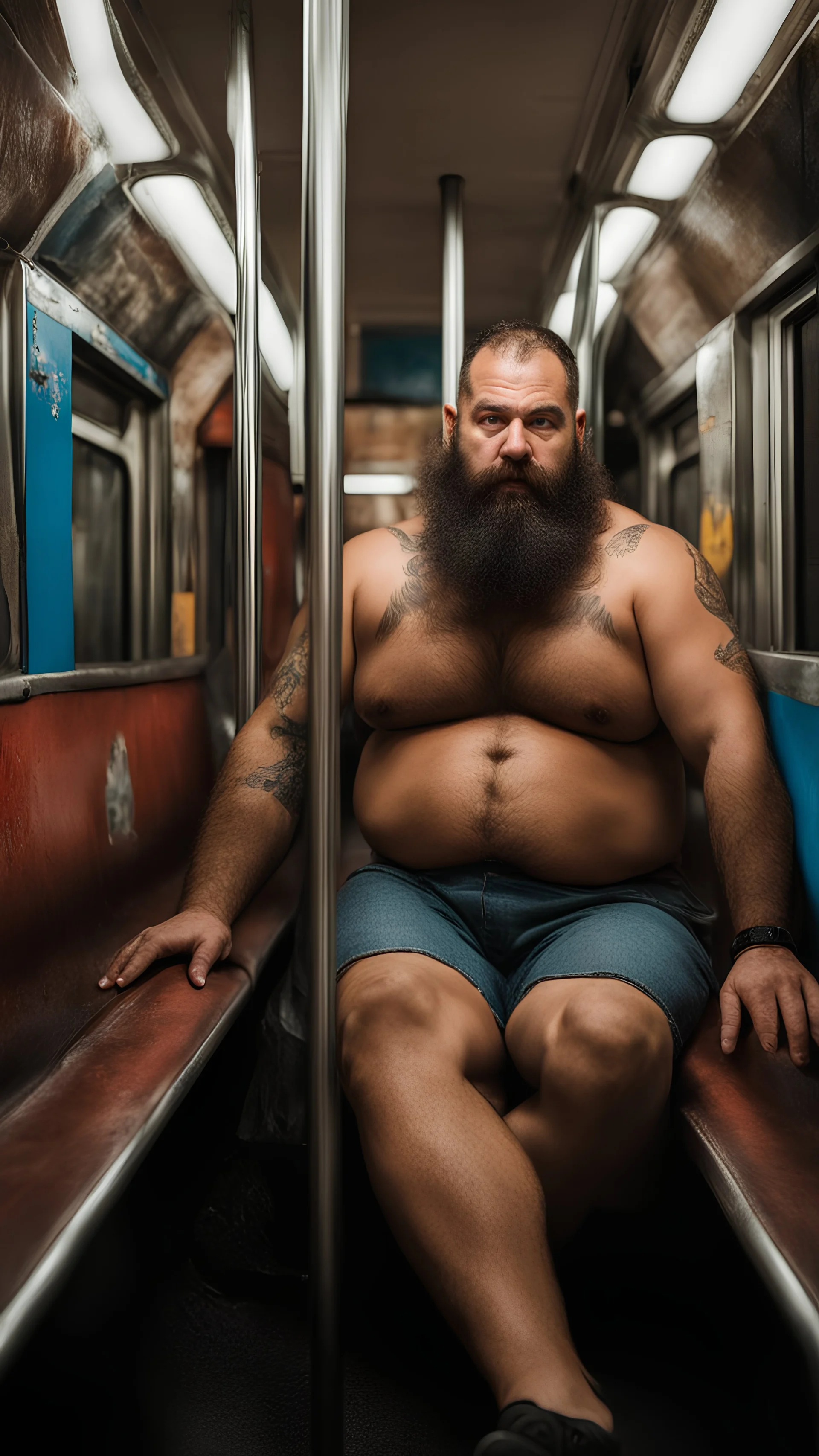 half figure photography of an ugly sweat turkish burly muscular chubby strong man 41 years old with long beard, short curly hair, tattoo, manly chest, hairy , ajar mouth, photorealistic ,shirtless, bulging shorts, side light, sitting inside a wagon on a crowded subway , neon lights, frontal view from the ground