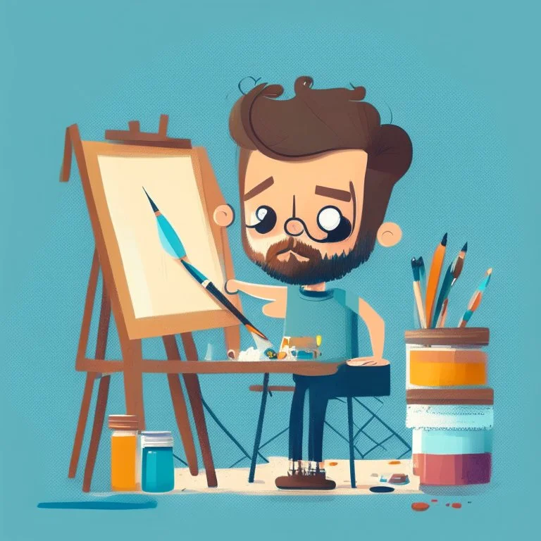 illustration of a man in a art studio, cute avatar