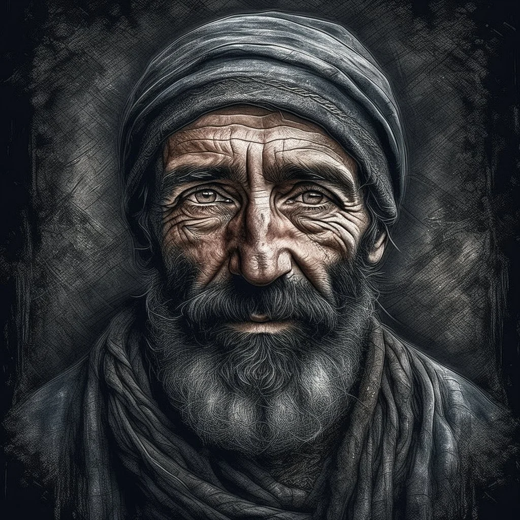 A an is of Moroccan Man wearing a fix , Hyper Realistic Aerial Grungy Dark-Grey Brush strokes on a dark rustic background with charcoals