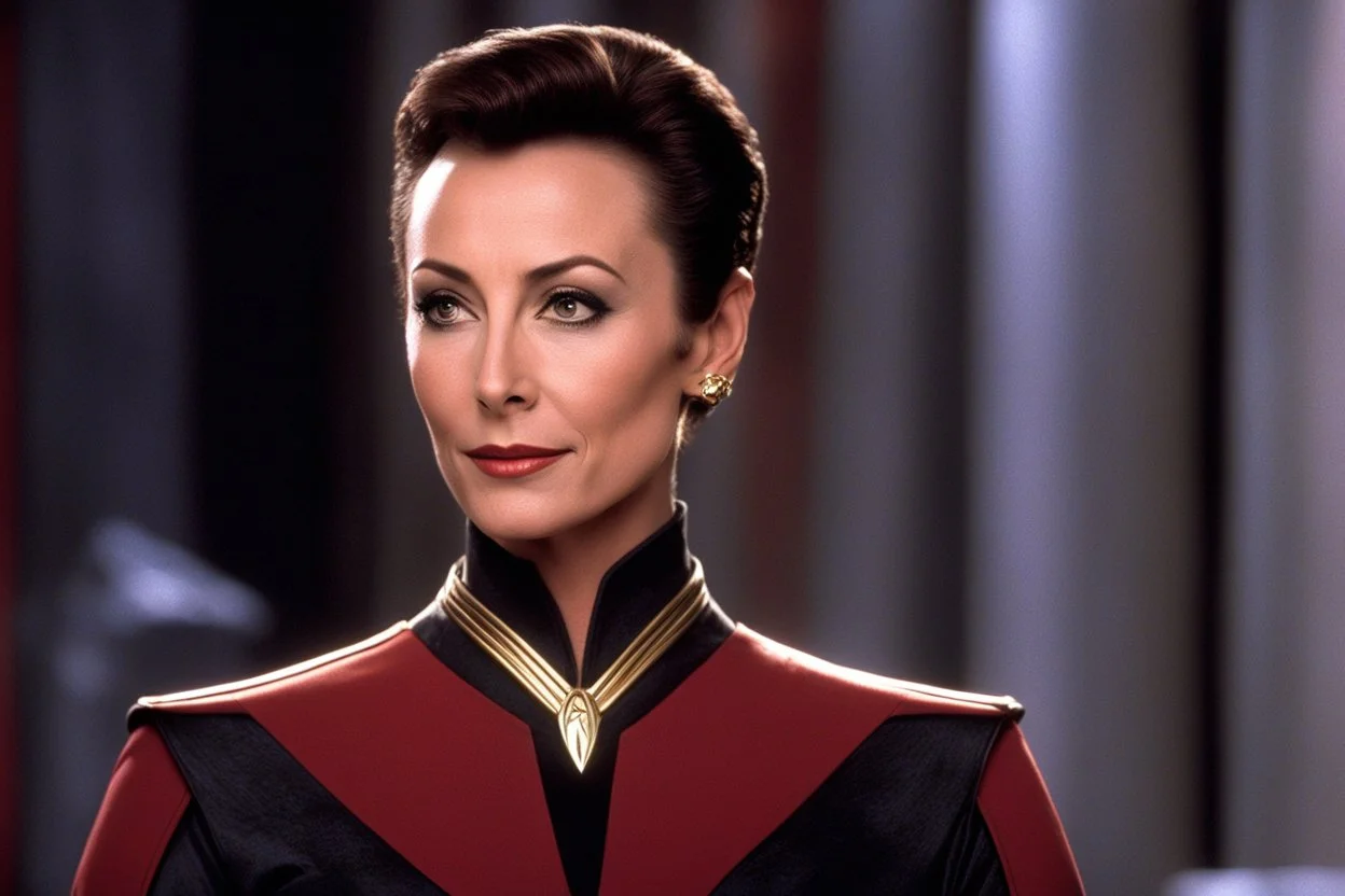 her Bajoran typical series of horizontal creases across her noses: Nana Visitor as Kira Nerys for the first time, your attention is immediately drawn to her uniform, emblazoned with the emblem of the Bajoran Militia. The black fabric is crisp and clean, accentuating the lean, muscular lines of her body. The gold trimmings that adorn the collar, cuffs, and pockets give the uniform a sense of formality and authority.