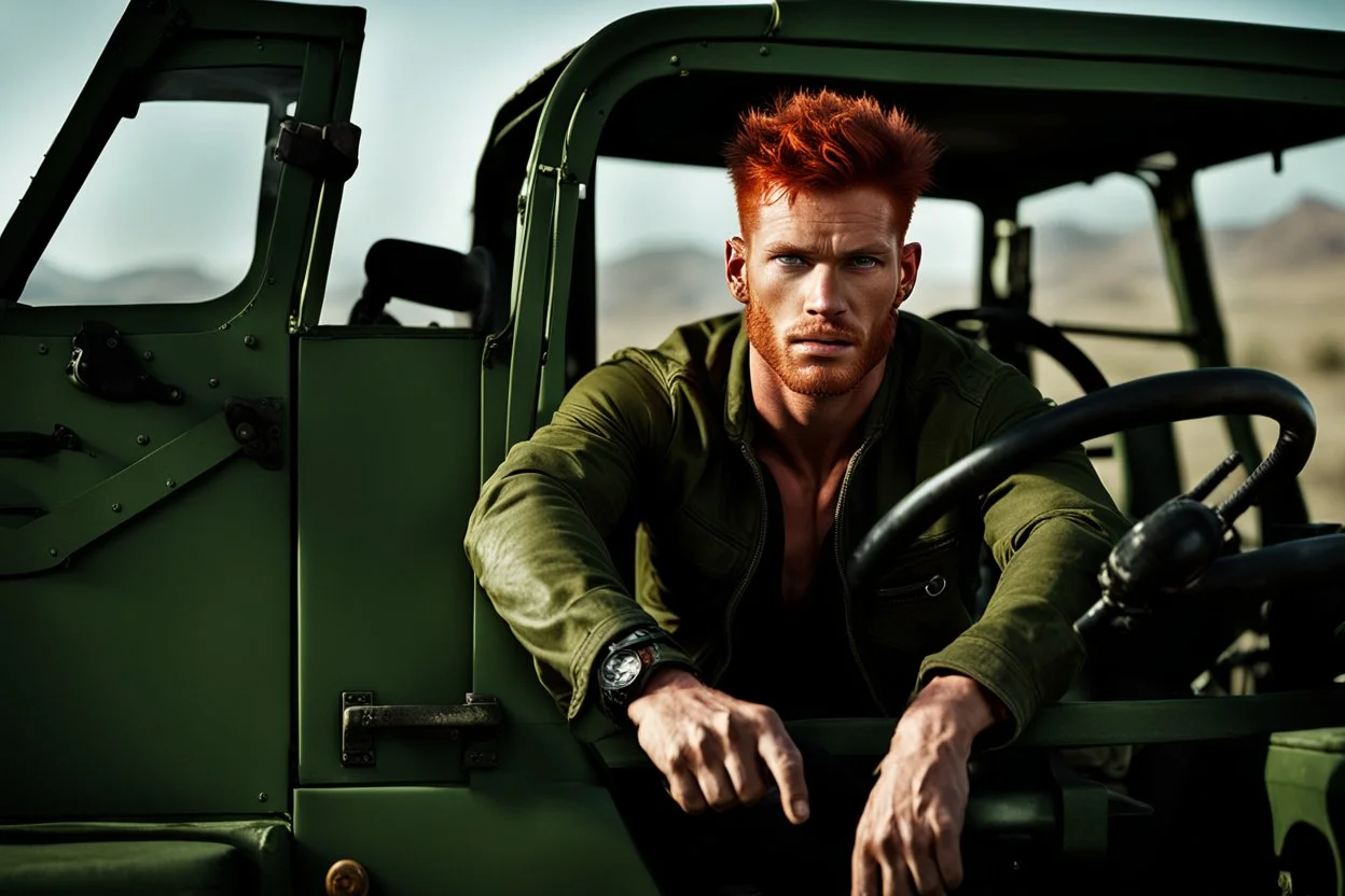 young rough and rugged muscular male photorealistic red hair and green eyes smirking expression sitting in a jeep