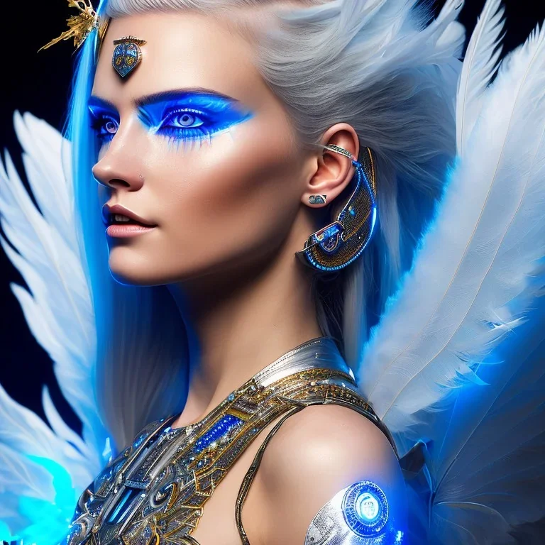 A beautiful portrait of a cute smiling cyberpunk woman with wings, long blond platinum hair, luminous blue eyes, high key lighting, volumetric light high details with blue and white stripes and feathers and white luminous celtic paterns, beam starry background