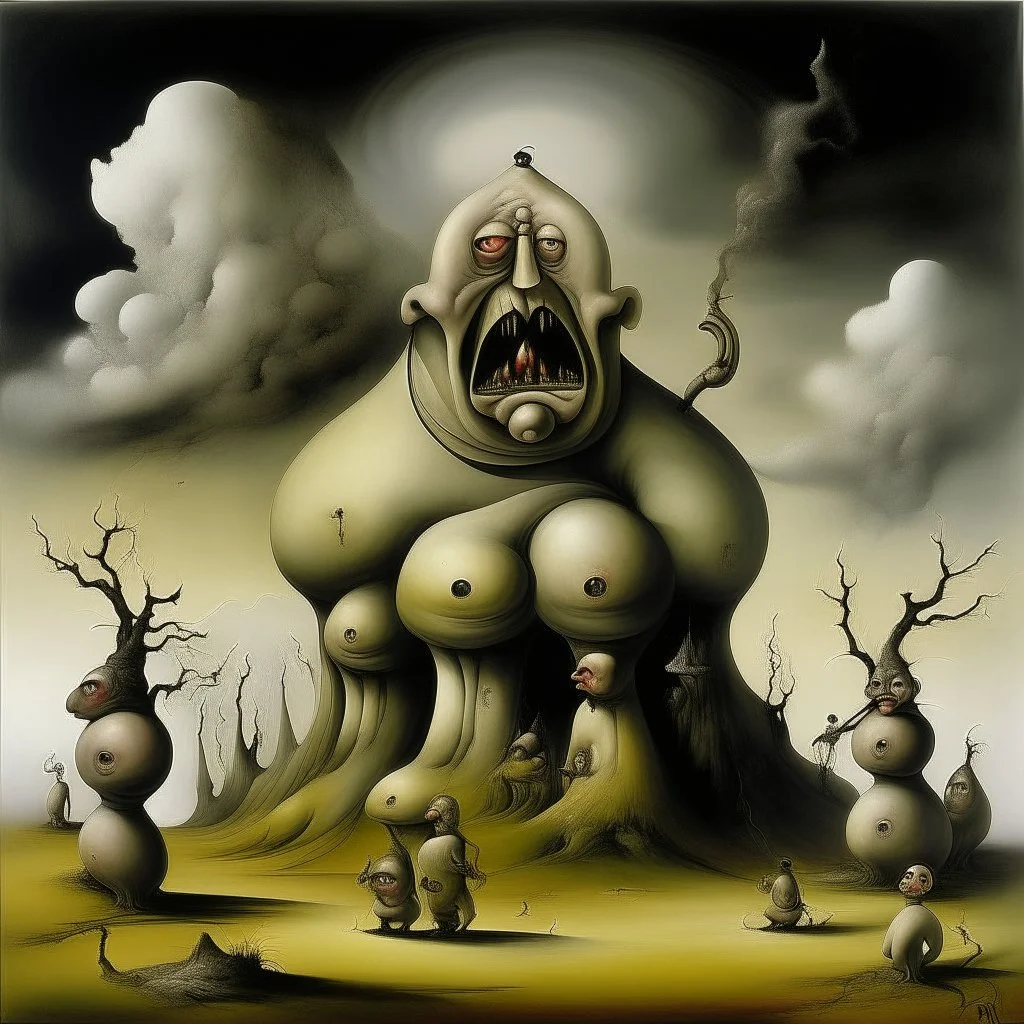 Surreal sinister, Style by Yves Tanguy, Dante's third level of hell = GLUTTONY, symbolic art, massively obese non-human radical bio deformity, Expressionism
