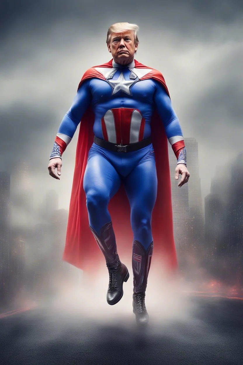 Extremely Muscular, Donald Trump as 'Maga Man,' Extremely Muscular, overly exaggerated muscles, Skintight, formfitting cobalt bodysuit, US Flag cape, silver boots, Multicolored vortex, multicolored lightning, neon lit futuristic cityscape, mist, fog, speed, extremely overexaggerated musculature, "MAGA MAN"