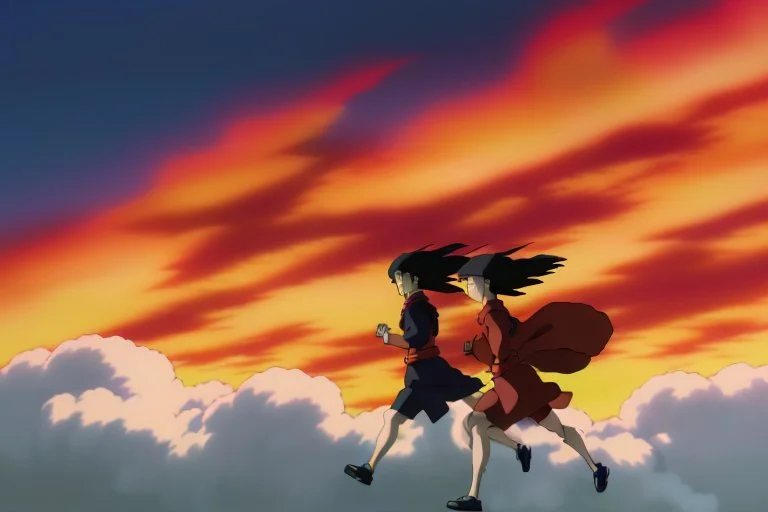 An intense still of Yui and Toshi, in mid-action, running against a fiery backdrop, clutching a small box believed to contain the legendary seeds. They're pursued by AeroCorp drones, the silhouette of their ominous shapes contrasting against the fiery sky.