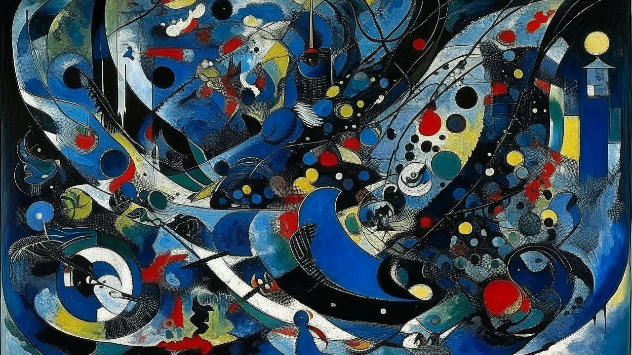 A dark blue chaotic realm with pixies painted by Wassily Kandinsky