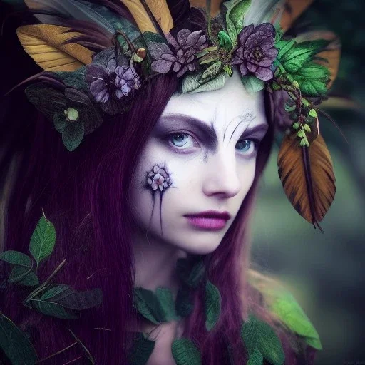 Portrait of beautiful girl, plant, metal, feathers, Dryad, fae, sidhe, ominous, nature, plants, wildflower, facepaint, dnd character portrait, intricate, oil on canvas, masterpiece, expert, insanely detailed, 4k resolution, retroanime style, cute big circular reflective eyes, cinematic smooth, intricate detail , soft smooth lighting, soft pastel colors, painted Renaissance style,bokeh, 800mm lens