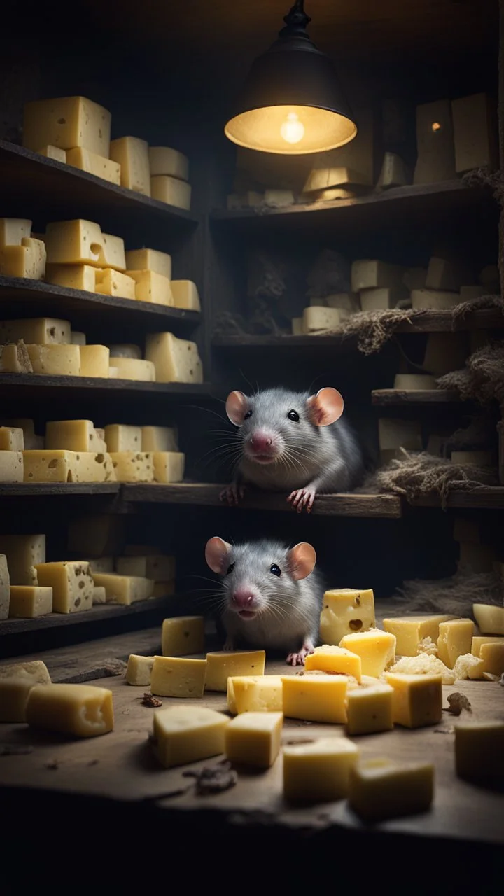 Si-Fi, The permanent under atmospheric lighting effects, a whole tables and shelves filled with all kind of cheese blocks . 2 2 rats are eating one of intricate historical moody atmosphere, eerie grimdark ambiance, complex motherboard accents, speculative fiction art. Bokeh