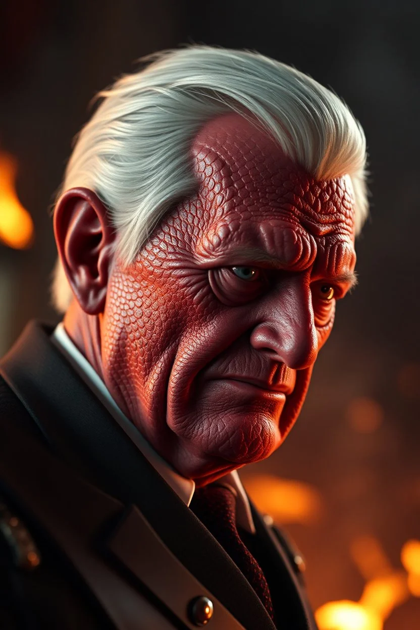 President Jimmy Carter , red skin, scales, unreal engine 6, high detail, intricate, cinematic. photoshoot style, intricate, studio lighting, masterpiece , highly detailed, 8k, best quality, fire, smoke, dramatic,d,<lora:mshn:0.7>,<lyco:Warrior_Couture:0.5>,