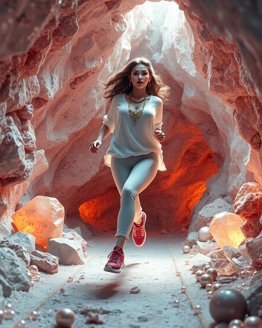 make a picture pretty crystal cave covered with jwells and 3d recursive cubic and sphere base pearls and Gemstone species, a beautiful goddess lady with curvy hair,makeup, in pretty modern today pants and loose shirt with jewels and sport shoes is running inside cave ,dynamic camera fallow her inside cave capturing full body, dynamic lights.