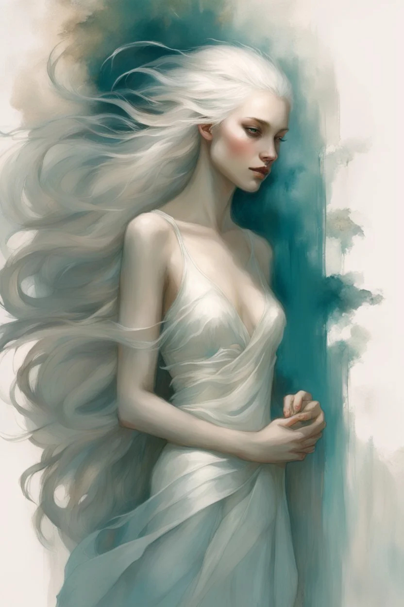 An Enigmatic Woman, Waist-Up View, Back Adorned With Translucent Fabric, Skin Touched With Teal Shimmer, Ethereal Light Glowing, Long White Hair Cascading To Her Shoulders, Artwork By Anne Bachelier, Michael Shapcott, Marc Simonetti, Gracious Face, Charming Eyes, Alex Maleev, Intricate Details, Backlit