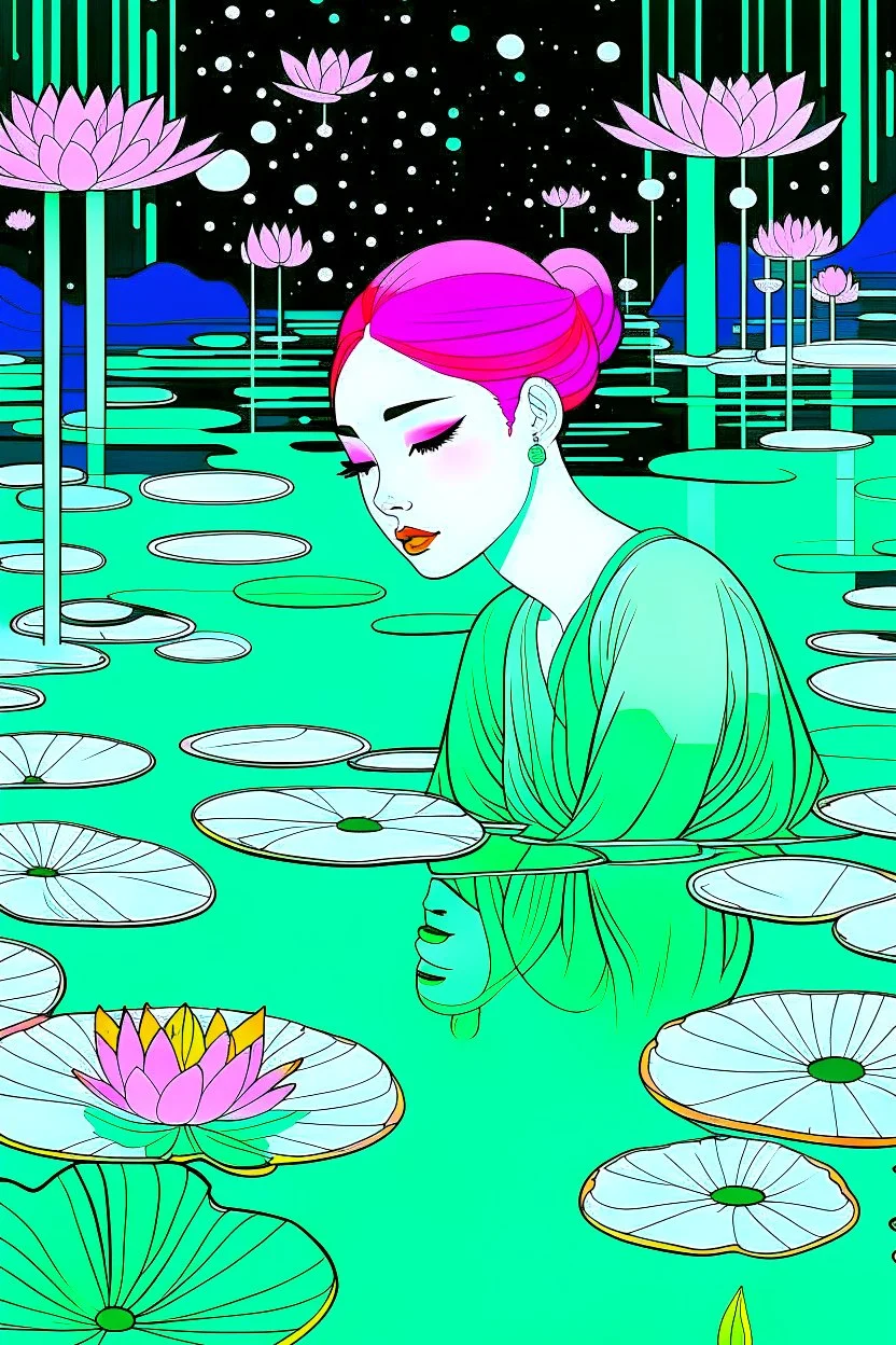 A green-haired woman with a peaceful expression lies at the bottom of the pool, with lotus flowers floating on the water, one big moon in the background, reflection, minimalist, animated artistic style, loose strokes, dynamic lighting, digital art, art by james jean, takato yamamoto, inkpunk minimalism