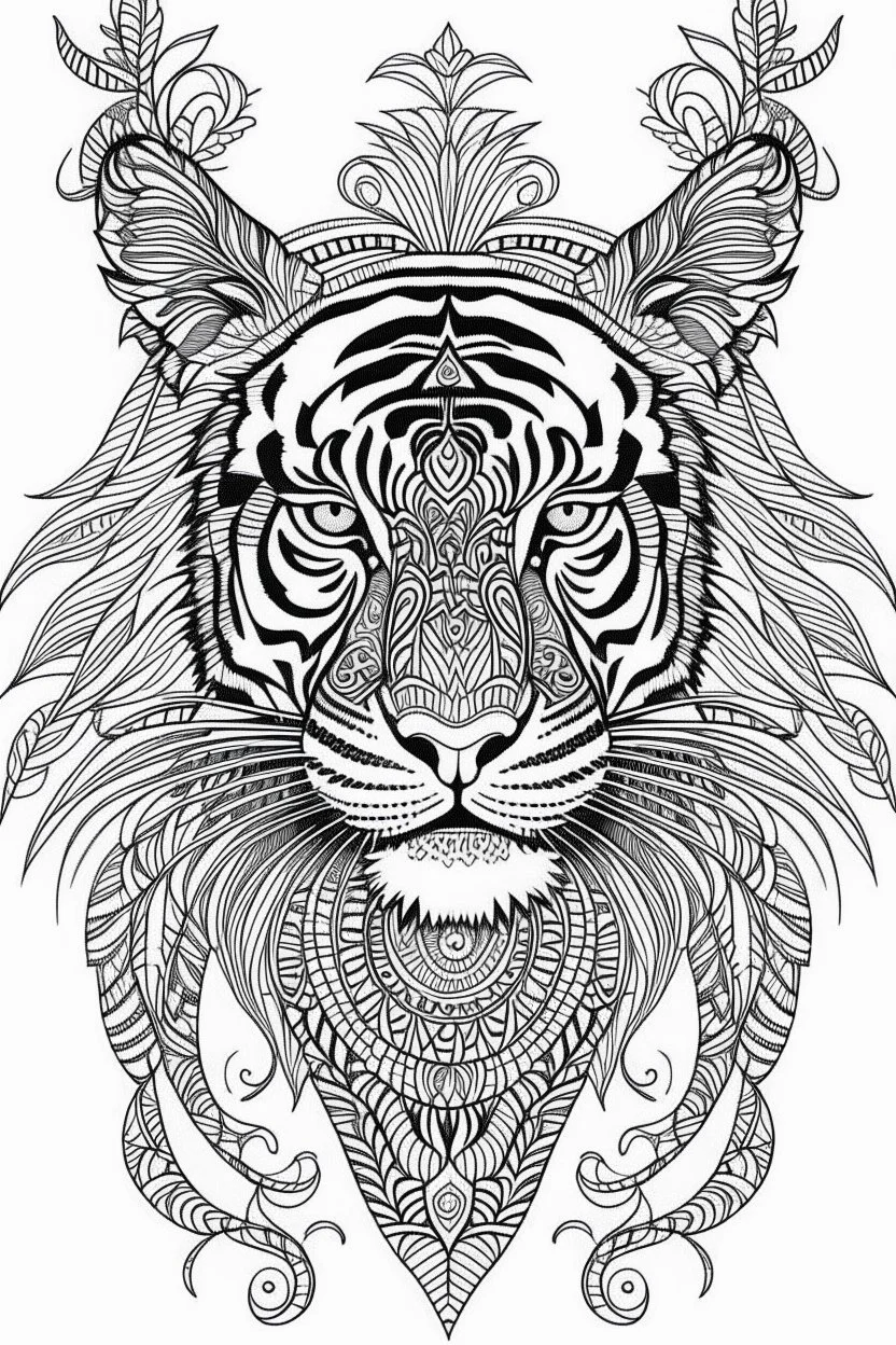 tiger mandala, realistic, each unique, full view, only draw lines, clean line art, –no sketch, white background, minimalistic black lines, minimal black color, coloring page, thin black line art, perfect shape, perfect clear lines,