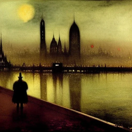 Metropolis Skyline ,dark colours, watercolor, volumetric wool felting, macro photograph , by john atkinson Grimshaw, detailed painting,matte painting, alphonse mucha, greg rutkowski