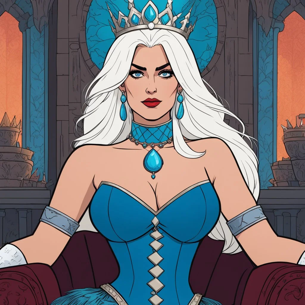 [comics Head Lopper style by Andrew MacLean, Disenchantment, in the castle] queen Dagmar on her throne in agent provocative, ready with her voluminous, waist-length white hair and almond shaped eyes. She wears an elegant royal blue dress with a turquoise sleeveless top and a revealing crimson corset. She wears a choker necklace with a large gemstone.