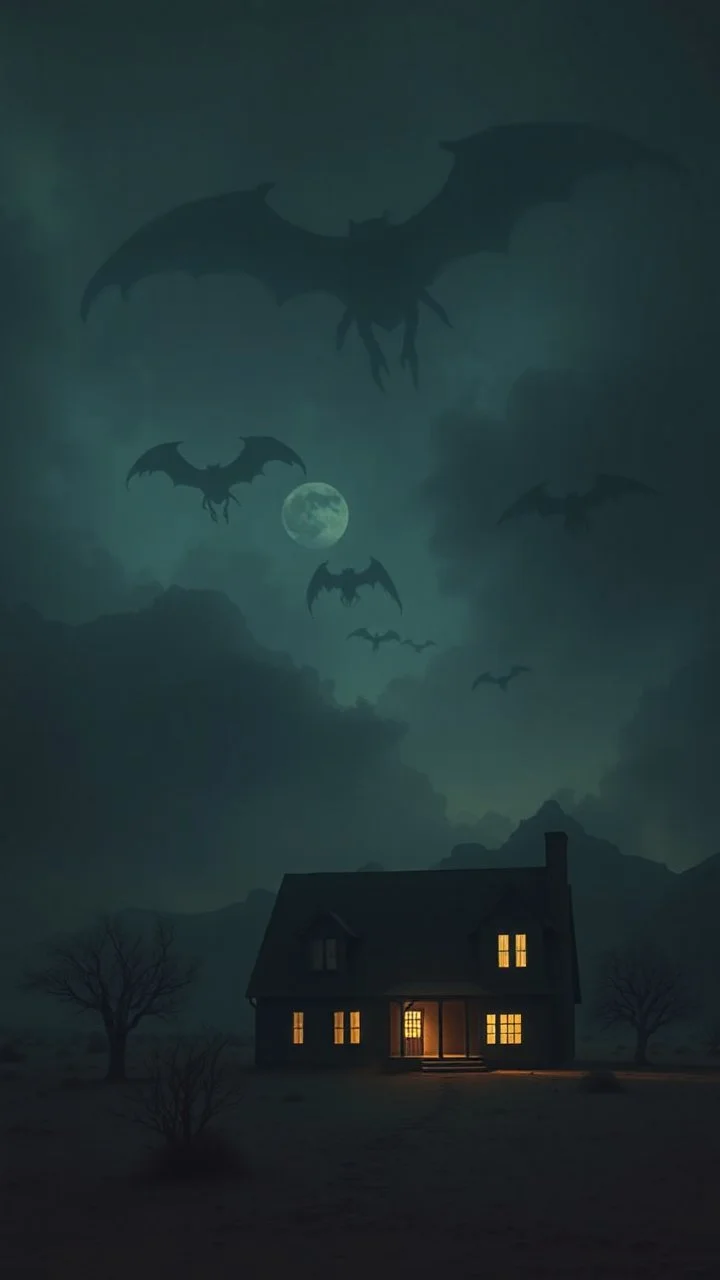A house in the desert at nigh with a scary sky filled with flying giants shadows creatures above in foggy skies and dim lights coming out of the windows of the house , a very scary scene out of this world